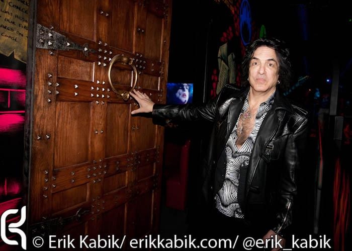Gene Simmons and Paul Stanley, posing with Valentine Armouries handmade detailed rendition of the same album cover picture with some added feature details based on historical references: The Elder Door, on display at KISS Monster Mini Golf in Las Vegas